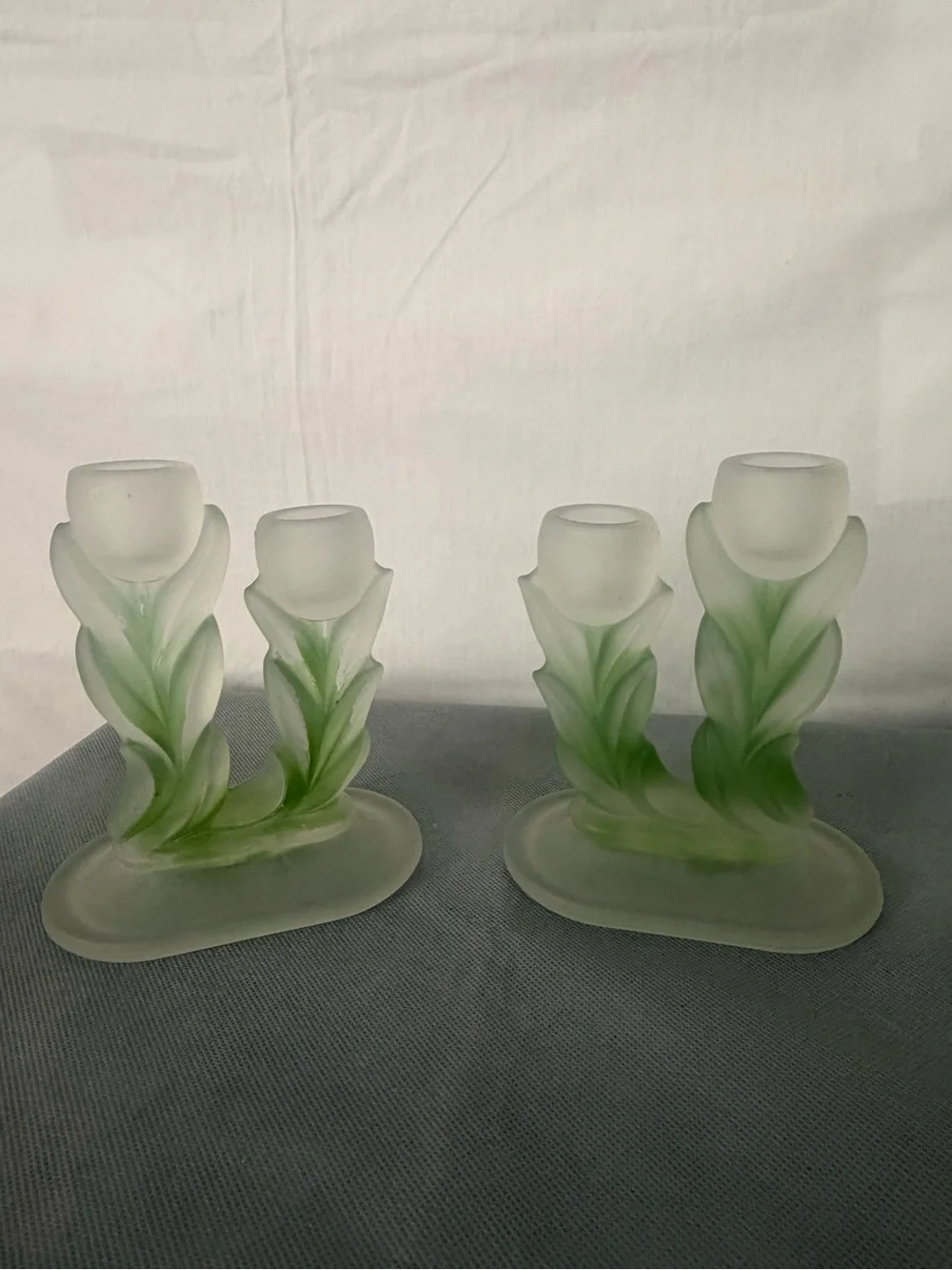 Pair Vintage Frosted Green White Glass Tulip Flower Candle Holders (F166)